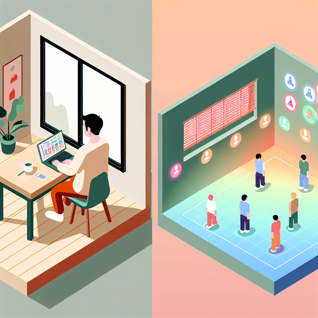 バーチャルオフィスの概念図とリモートで働くビジネスパーソン