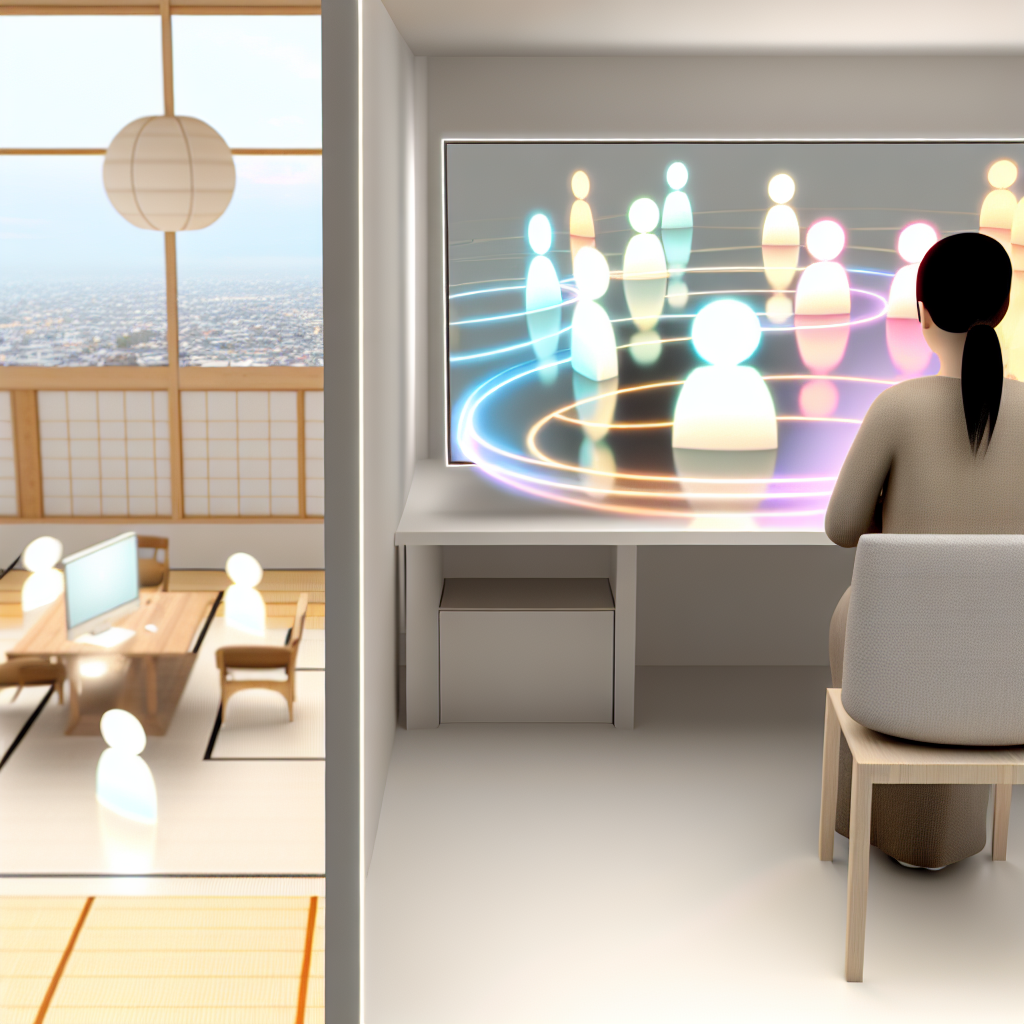 仮想空間内のオフィスフロアでアバターが会話する様子