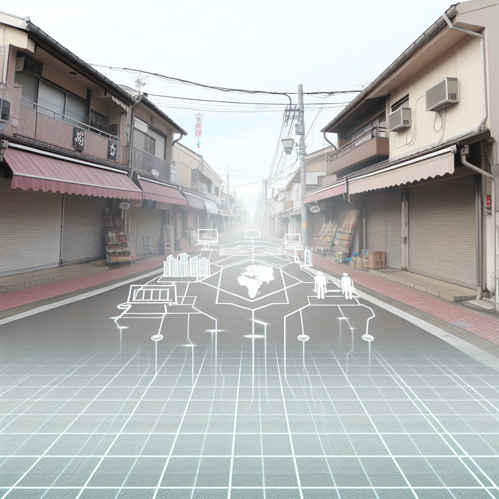 地方都市の風景とデジタルネットワークを重ねたイメージ