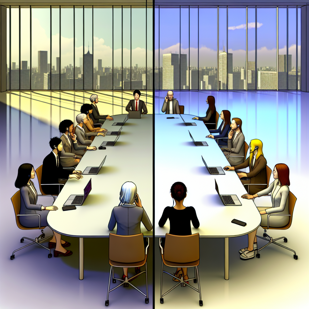 日本のビジネス街とデジタルメタバース空間の融合イメージ