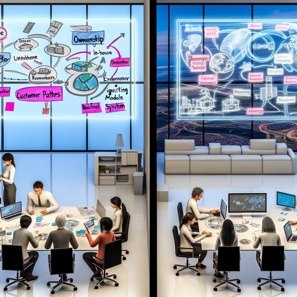 開発チームがホワイトボード前でシステムアーキテクチャを設計している様子