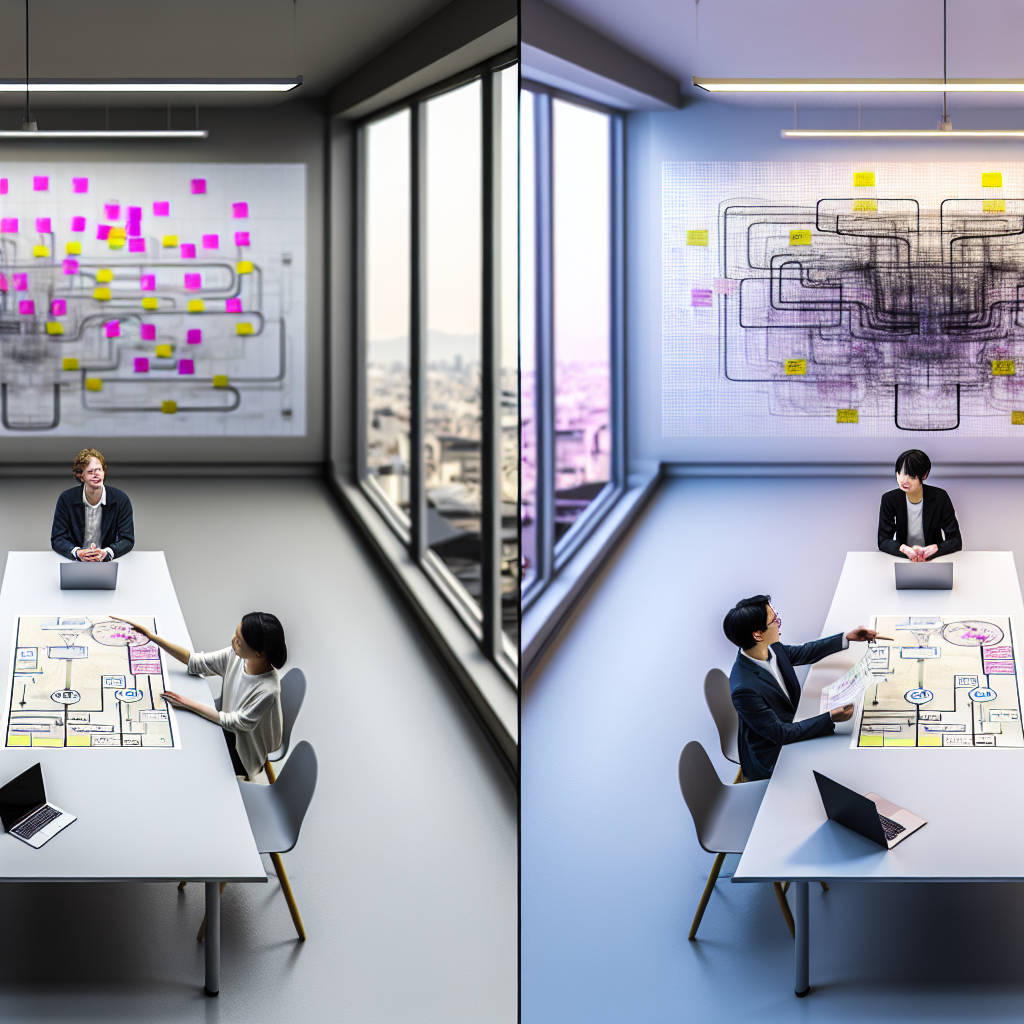 ロードマップを示すプレゼン資料を前に議論する経営チーム