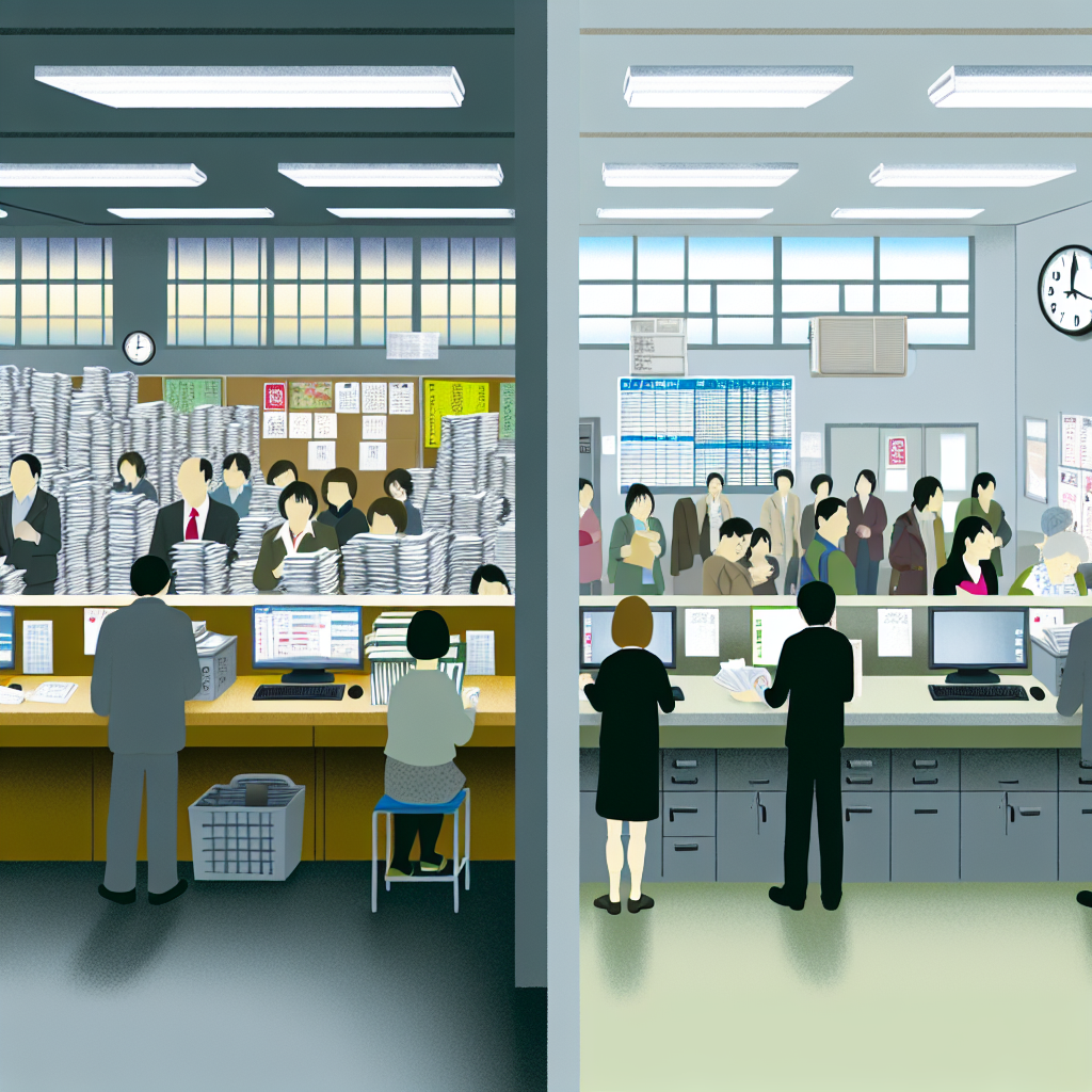 自治体庁舎とデジタルネットワークを象徴するイラスト