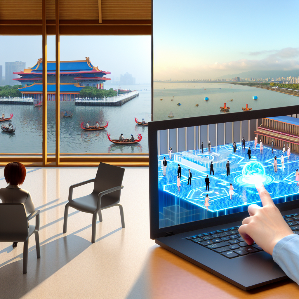 世界地図上にバーチャル空間と自治体ロゴが並ぶイメージ