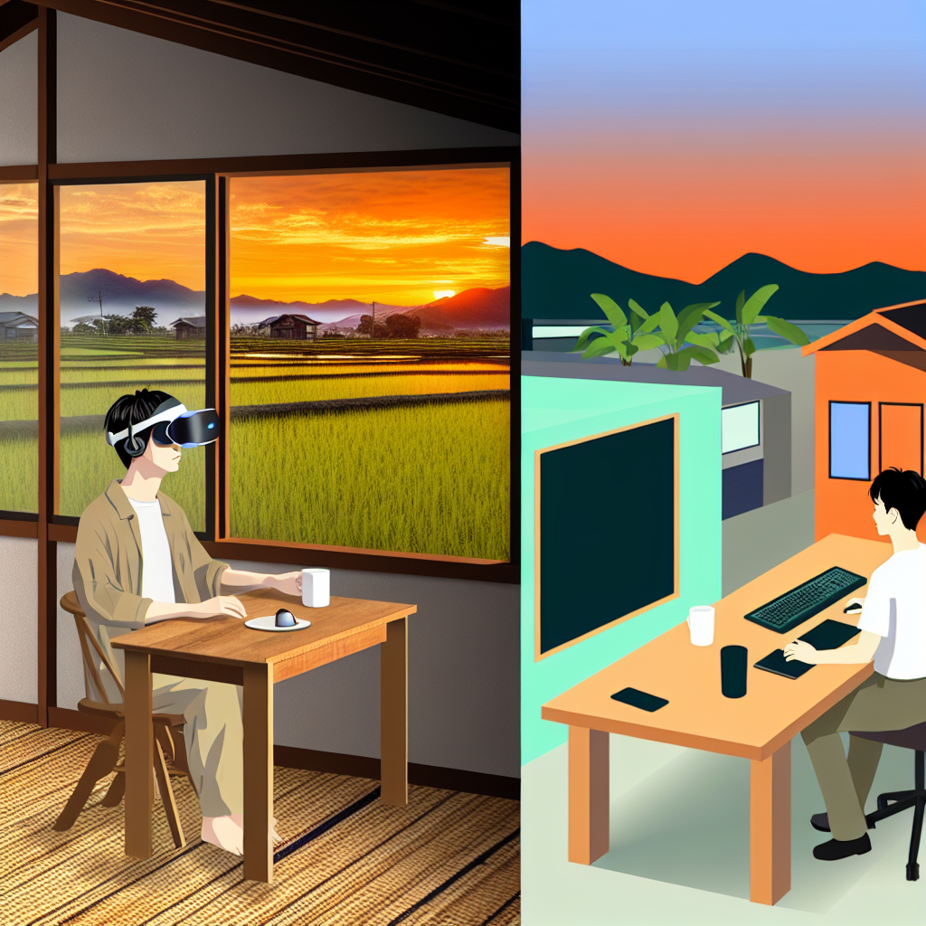 自然豊かな地方でリモートワークする人とメタバース空間