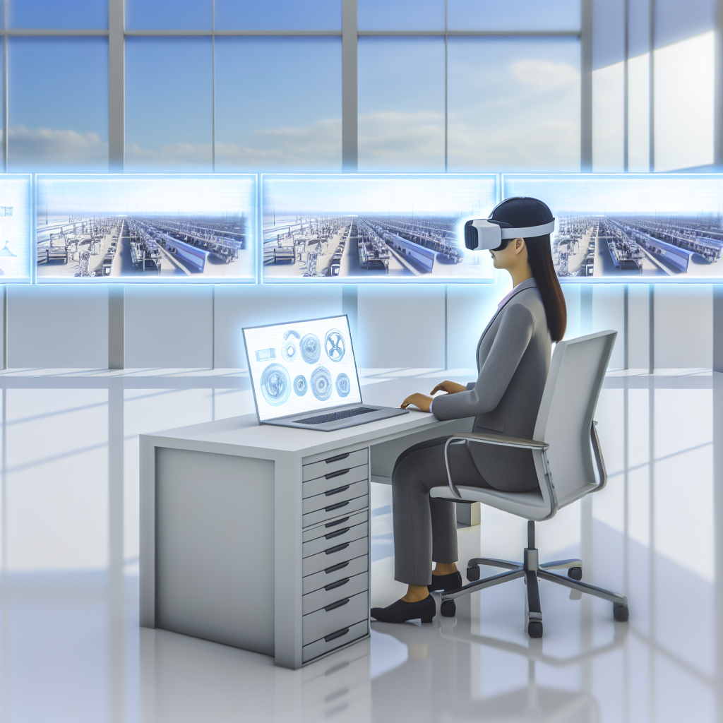 VRゴーグルでバーチャル工場見学を体験するビジネスパーソン