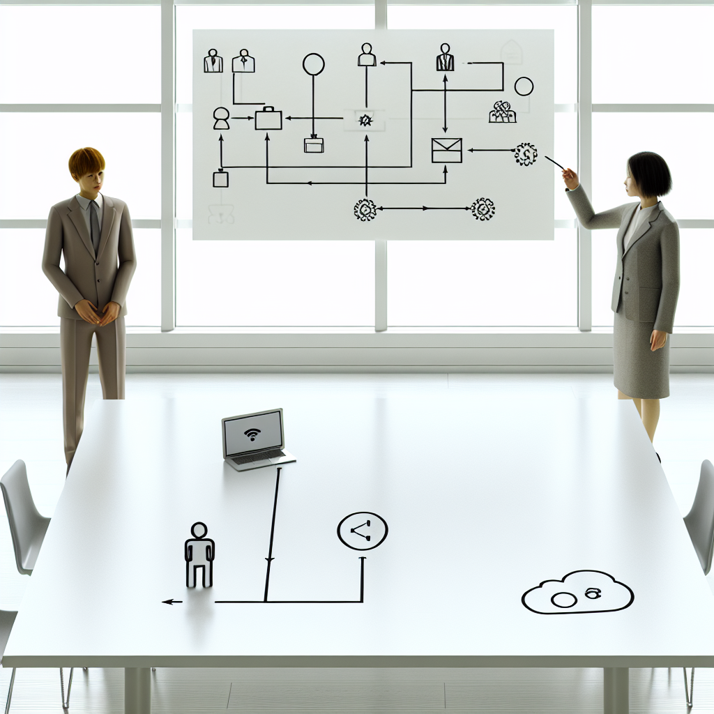 AI導入ロードマップの全体像を俯瞰するビジネスチームのイラスト