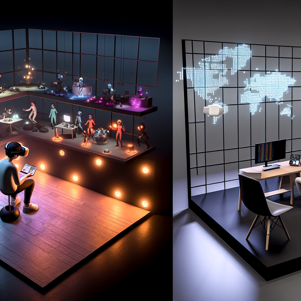 ビジネスパーソンがメタバースの概念図を前に議論している様子