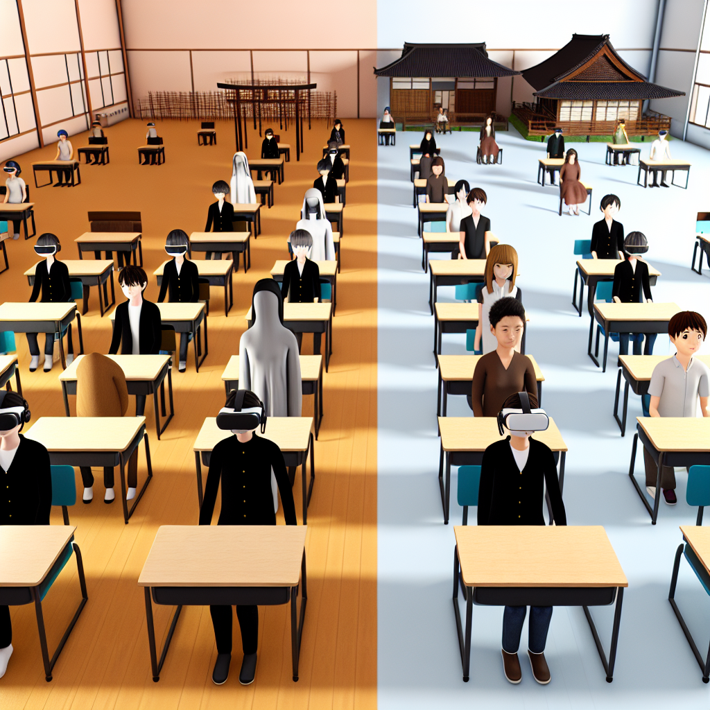 日本の教室とメタバース空間が融合したイメージ