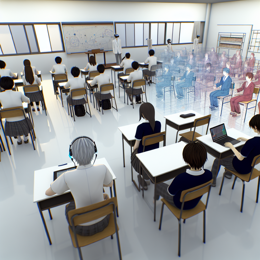 教育系メタバースのイメージイラスト。学生アバターが教室空間で学ぶ様子。