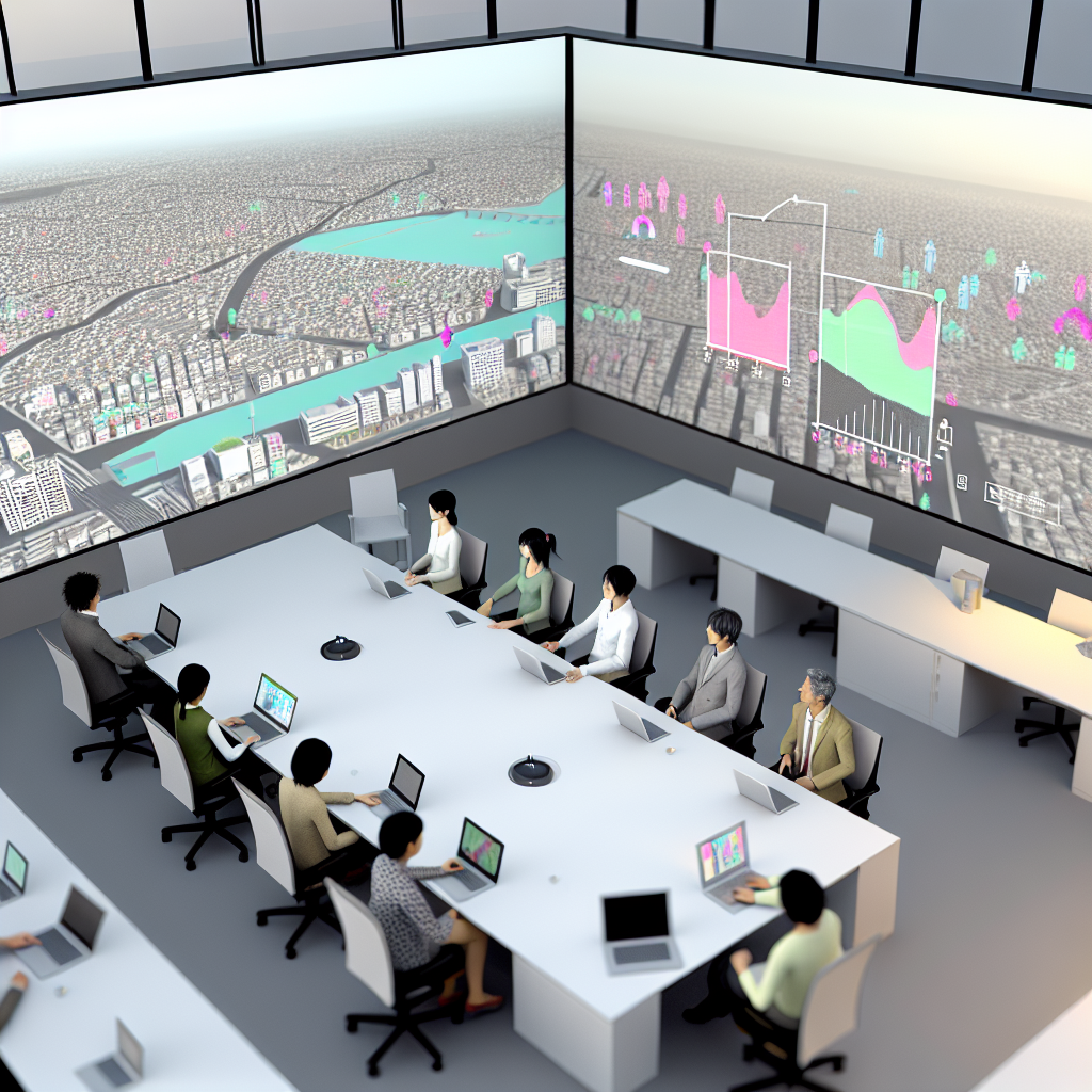 職員がデータダッシュボードを見ながら協議する様子
