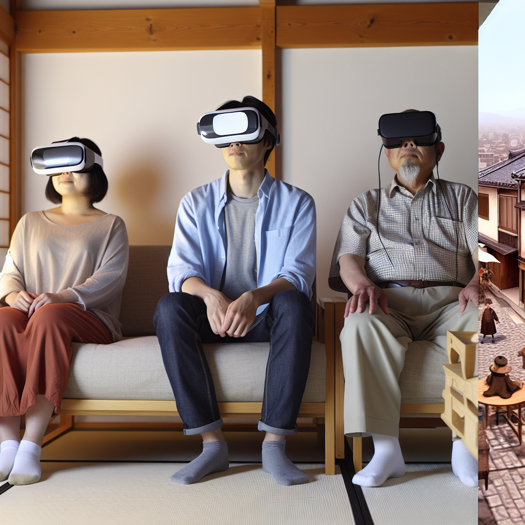 VR観光を体験する人と世界の観光地のイメージ