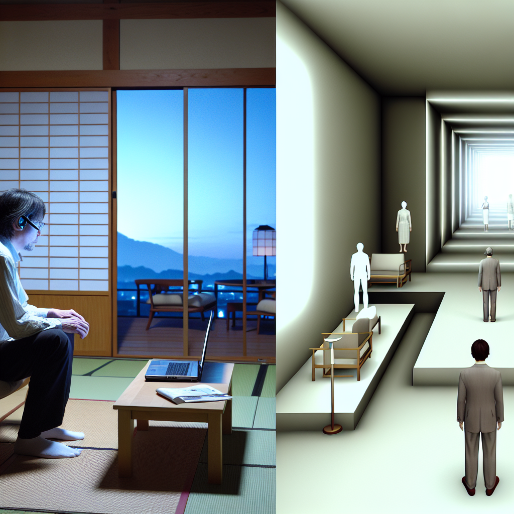 メタバースの概念図と仮想空間で活動する人々