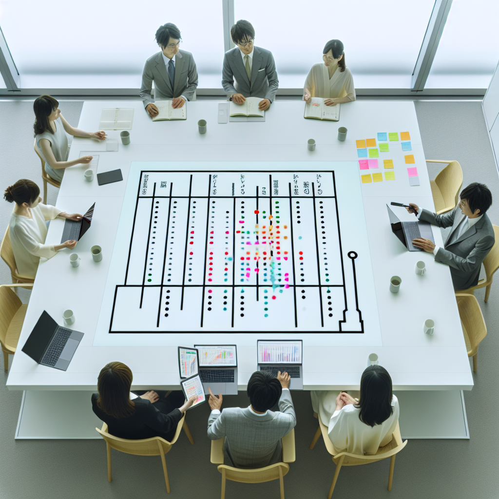 ホワイトボードで業務フローを整理する現場メンバー