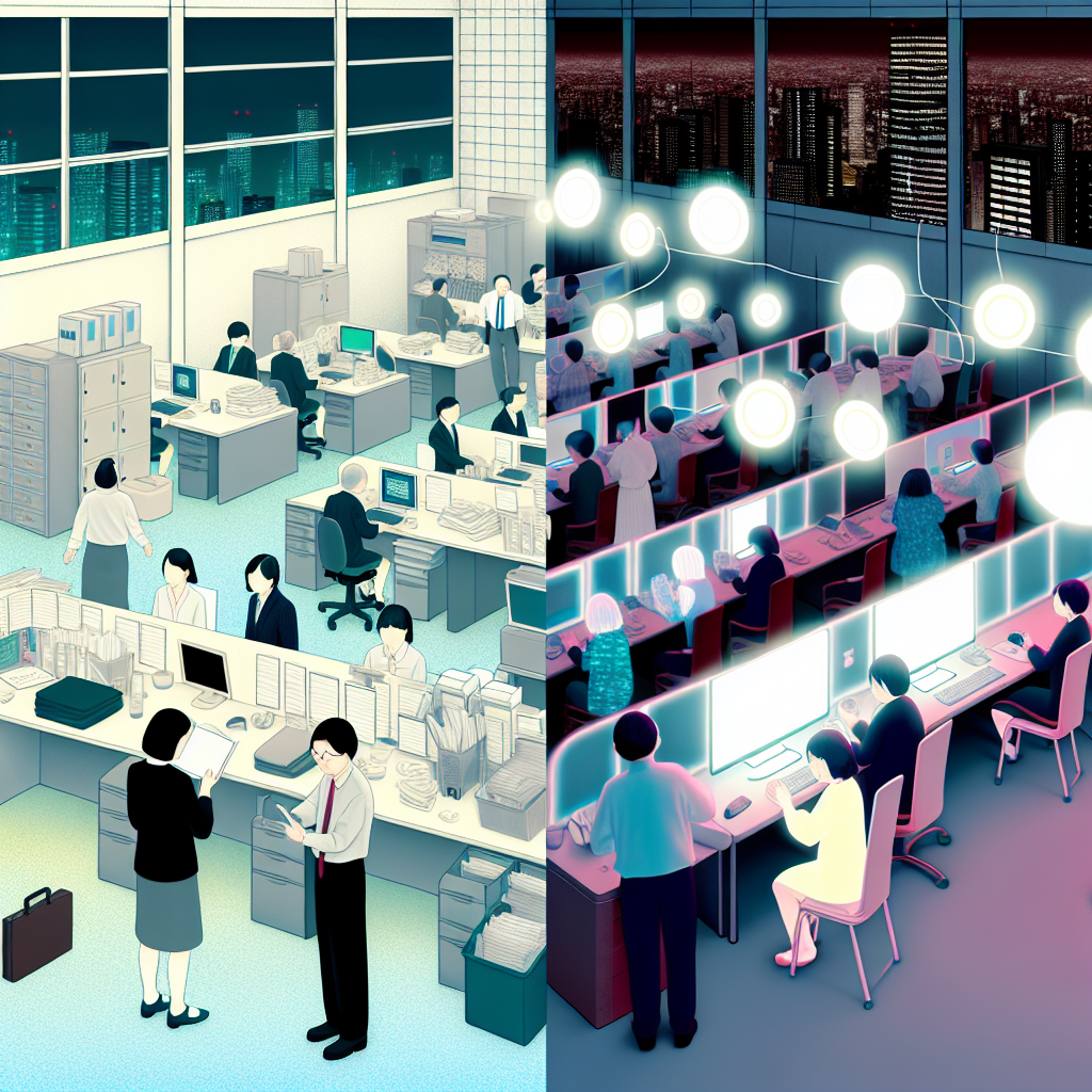 日本の都市風景とデジタル技術を象徴するイメージ