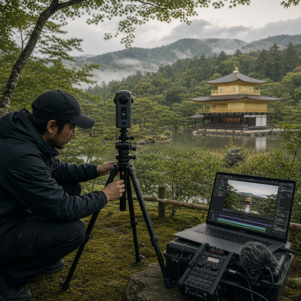 360度カメラで観光地を撮影し編集しているクリエイター