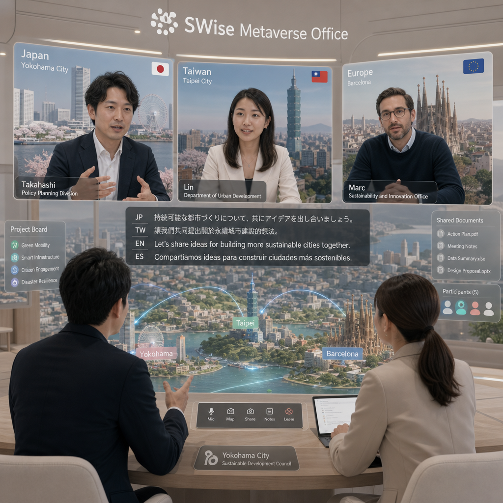 SWiseのバーチャルオフィス空間で自治体と企業が会議をする様子