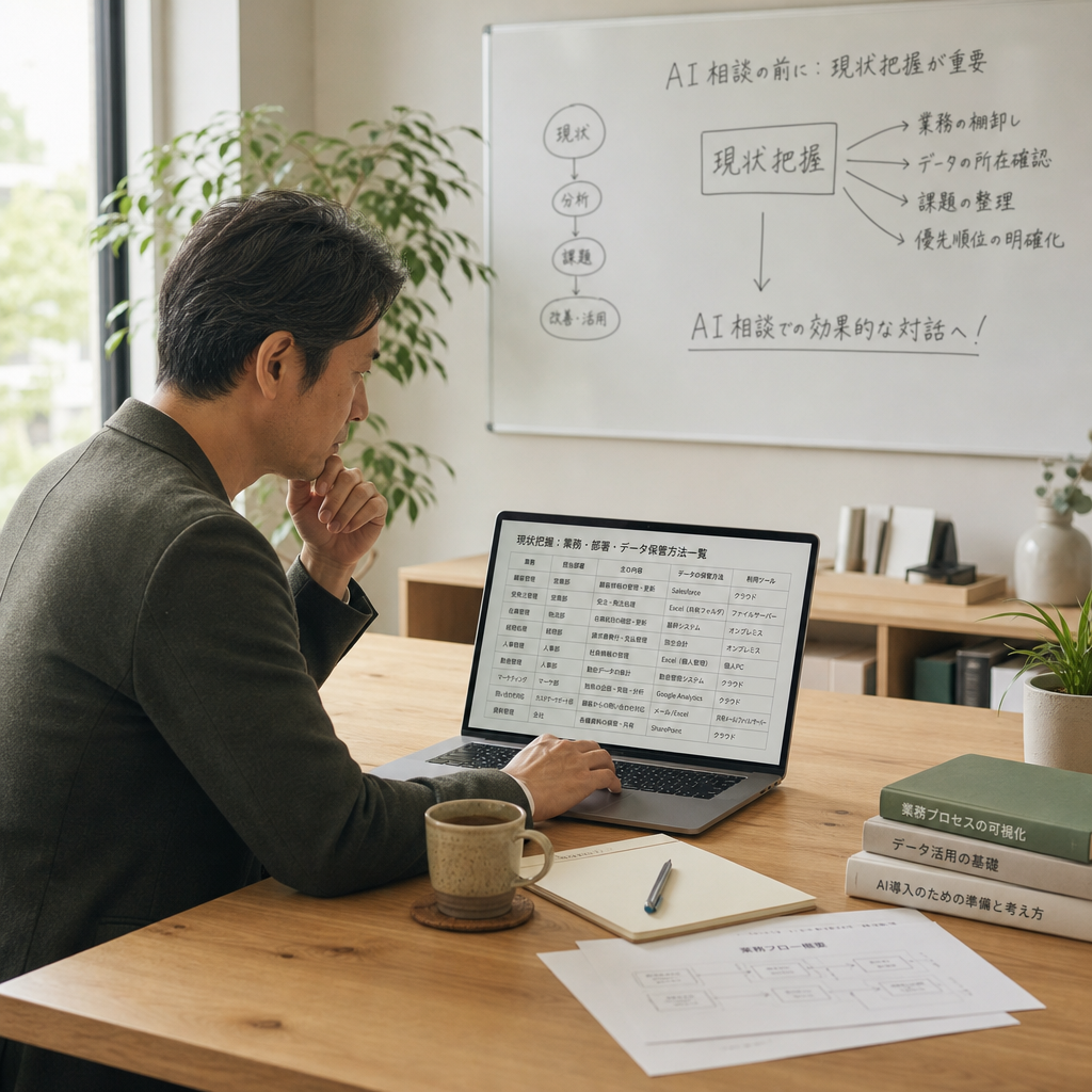 AI相談前に社内で準備資料をまとめている中小企業のチーム