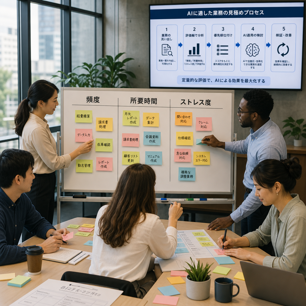 付箋で業務フローを整理しAI適用領域を選定するチーム