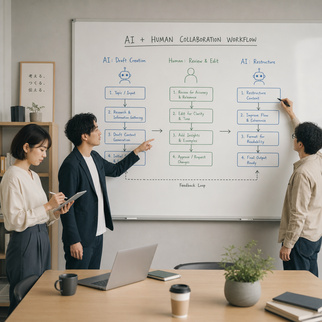 オフィスで生成AIを組み込んだ業務フロー図を検討するチーム