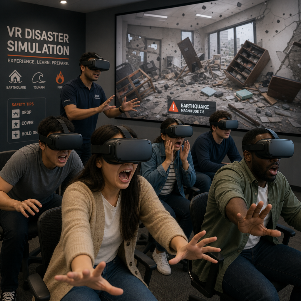 ヘッドセットを装着して防災VRを体験する人々