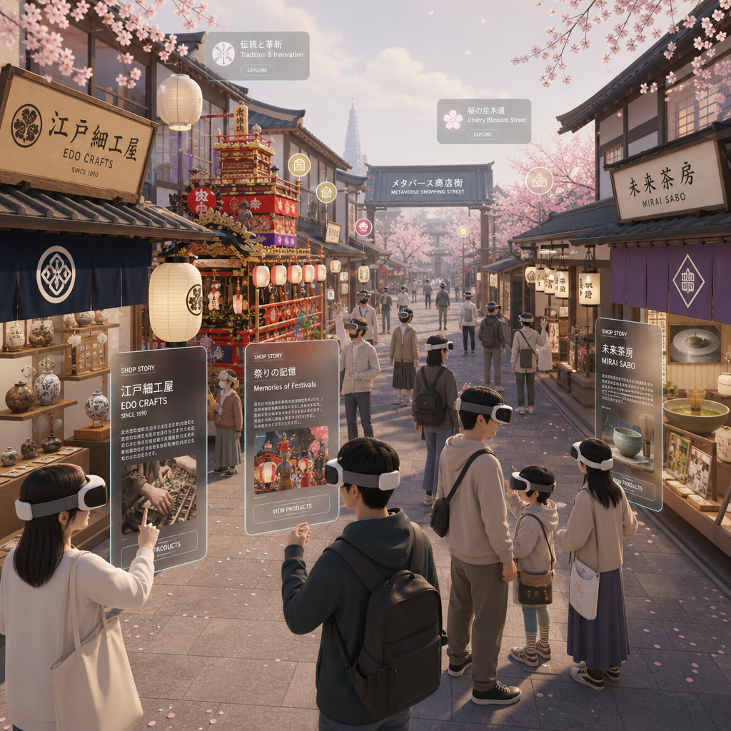 日本の地域商店街のVR化事例を示すイメージ