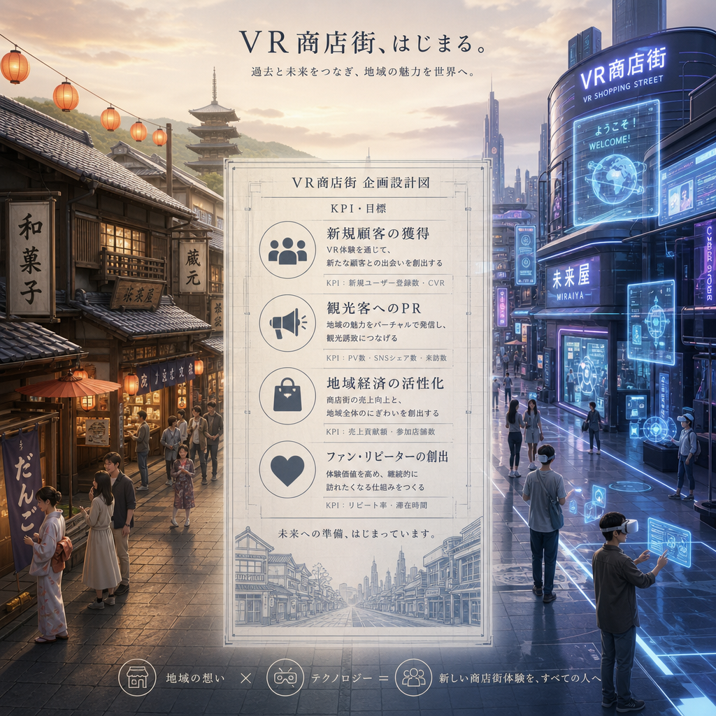 VR商店街を企画し計画を立てる日本の商店街担当者