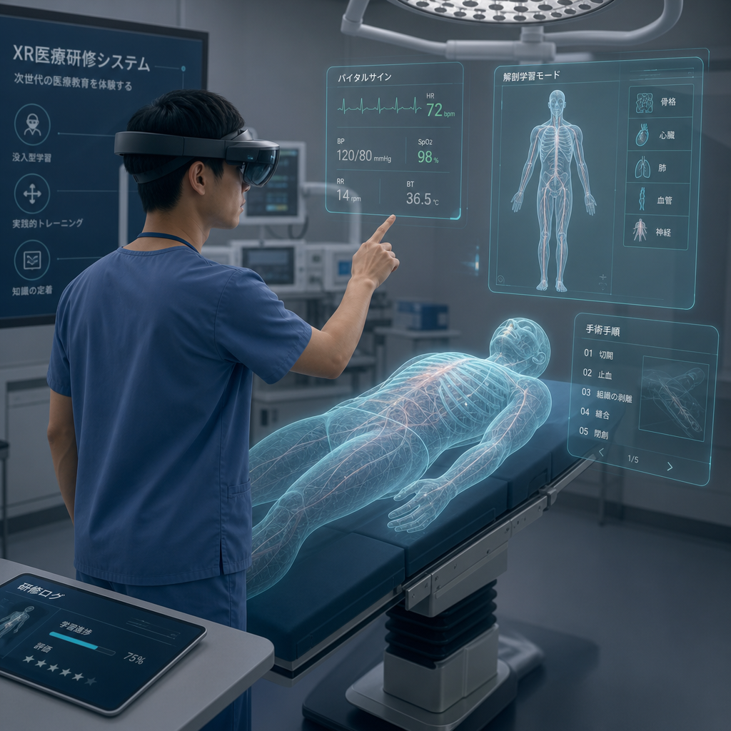 医療XR研修のイメージ図とVRヘッドセット