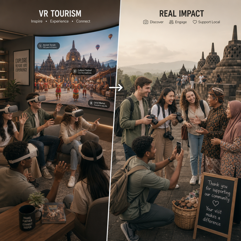 VR観光による地域活性化を示すグラフと観光地のイメージ