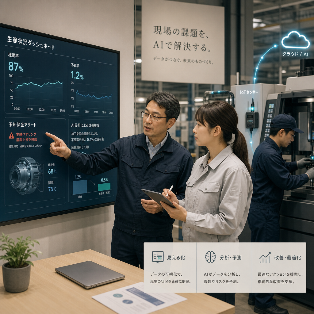 製造工場でデータ分析を行うAI人材のイメージ