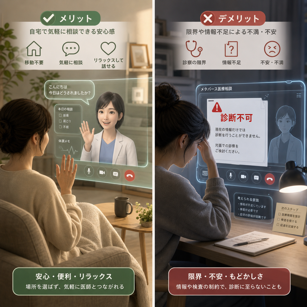 メタバース医療相談の利点と注意点を比較する図