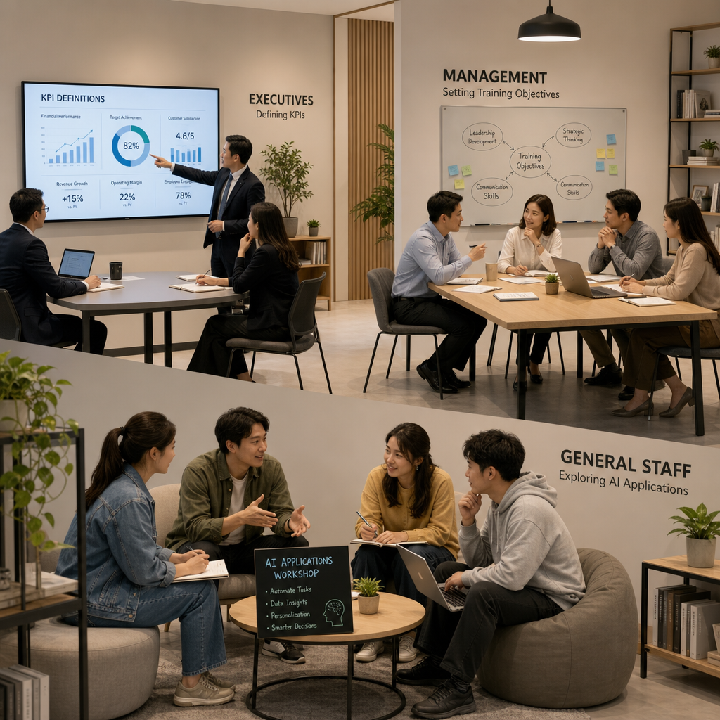 社内AI研修の目的と対象を設計しているホワイトボードの前のチーム
