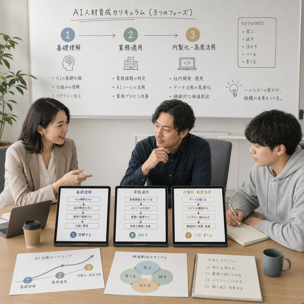 実務に直結するAI研修カリキュラムの構成図を作る様子