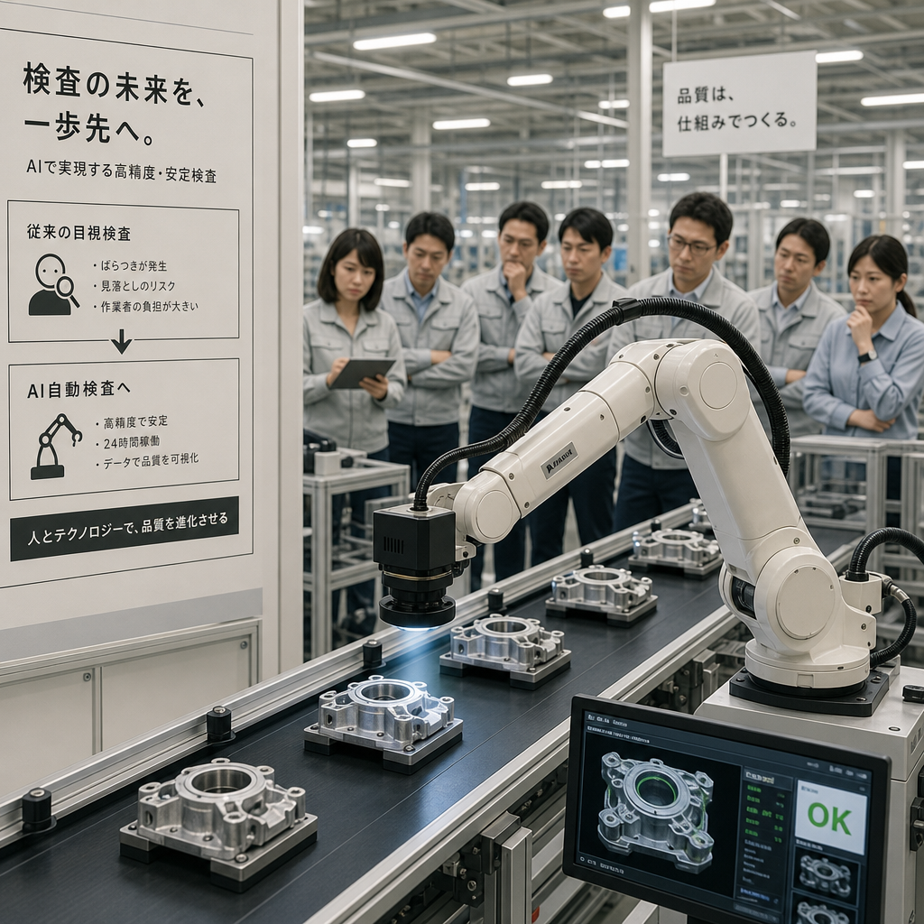 製造ラインでカメラとAIが自動検査している様子のイラスト