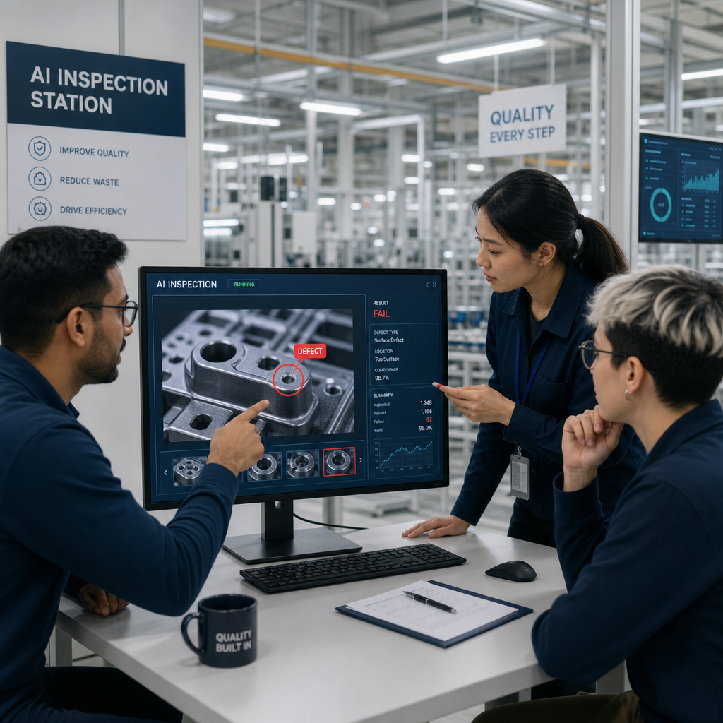 ALIONのエンジニアと製造現場の担当者がAI検査導入を議論する様子