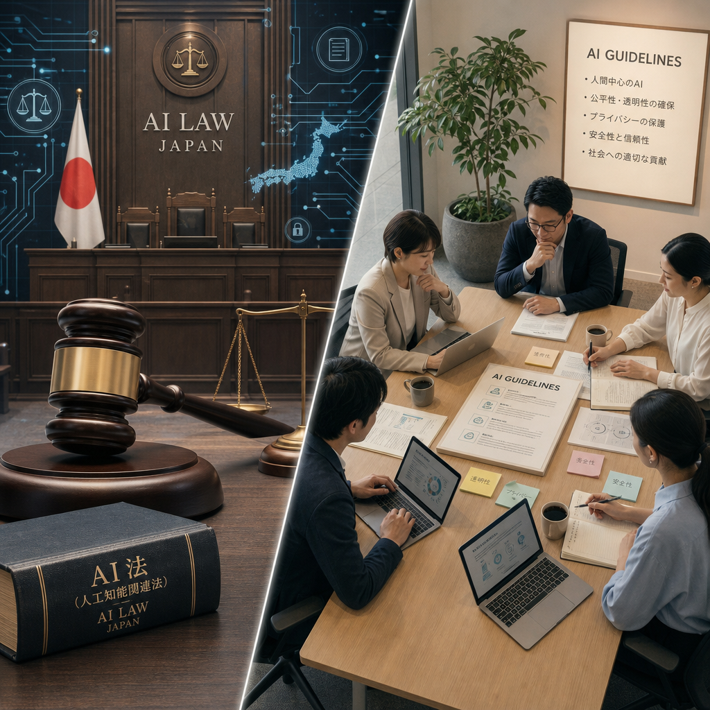 日本のAI法とガイドライン、既存法の関係を示す図