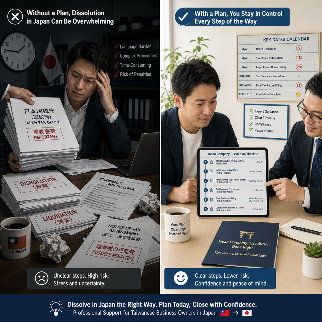 說明日本公司撤銷手續與解散清算差異的流程示意圖