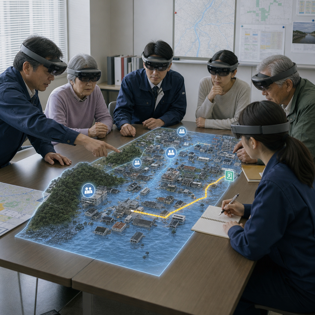 防災訓練でVRゴーグルを装着する住民と職員
