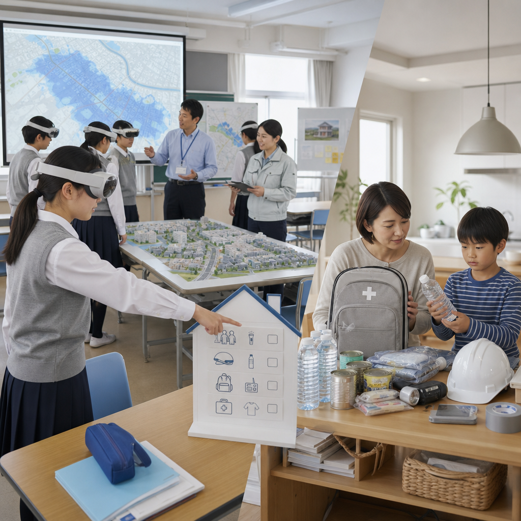 学校と自治体が連携するXR防災学習のイメージ