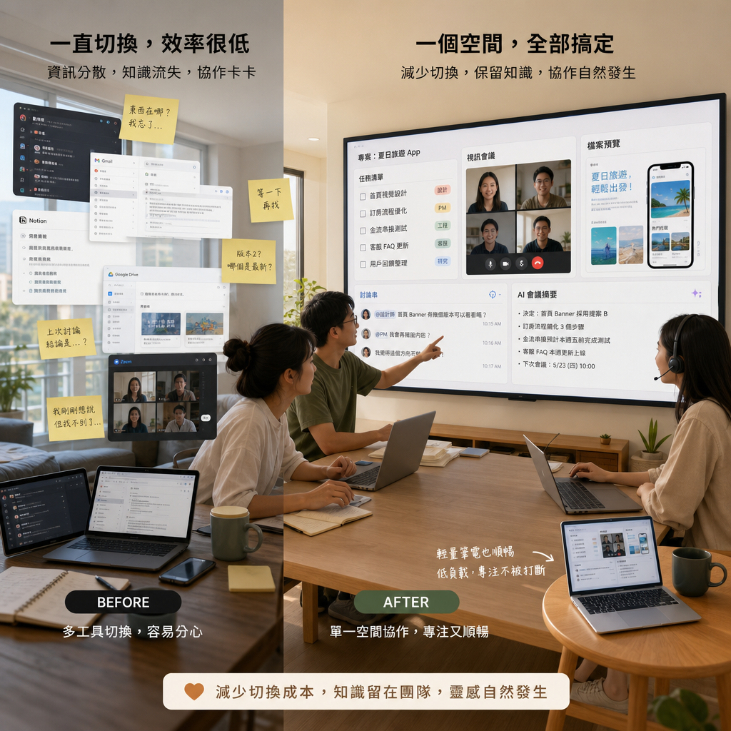 虛擬辦公空間中成員共同作業並使用 AI 會議記錄功能