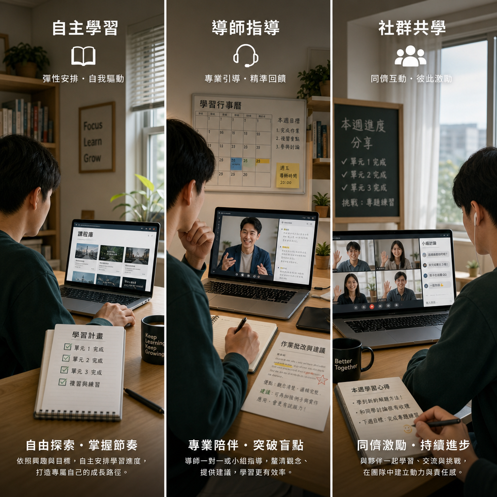 三種數位學習模式比較圖:自學、陪伴學習與共學