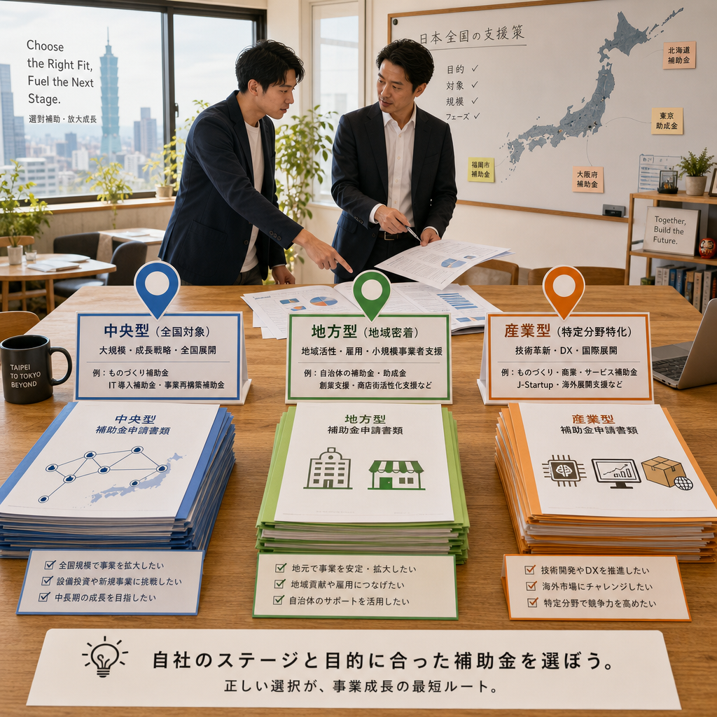 日本各類創業補助金與地方支援方案比較圖