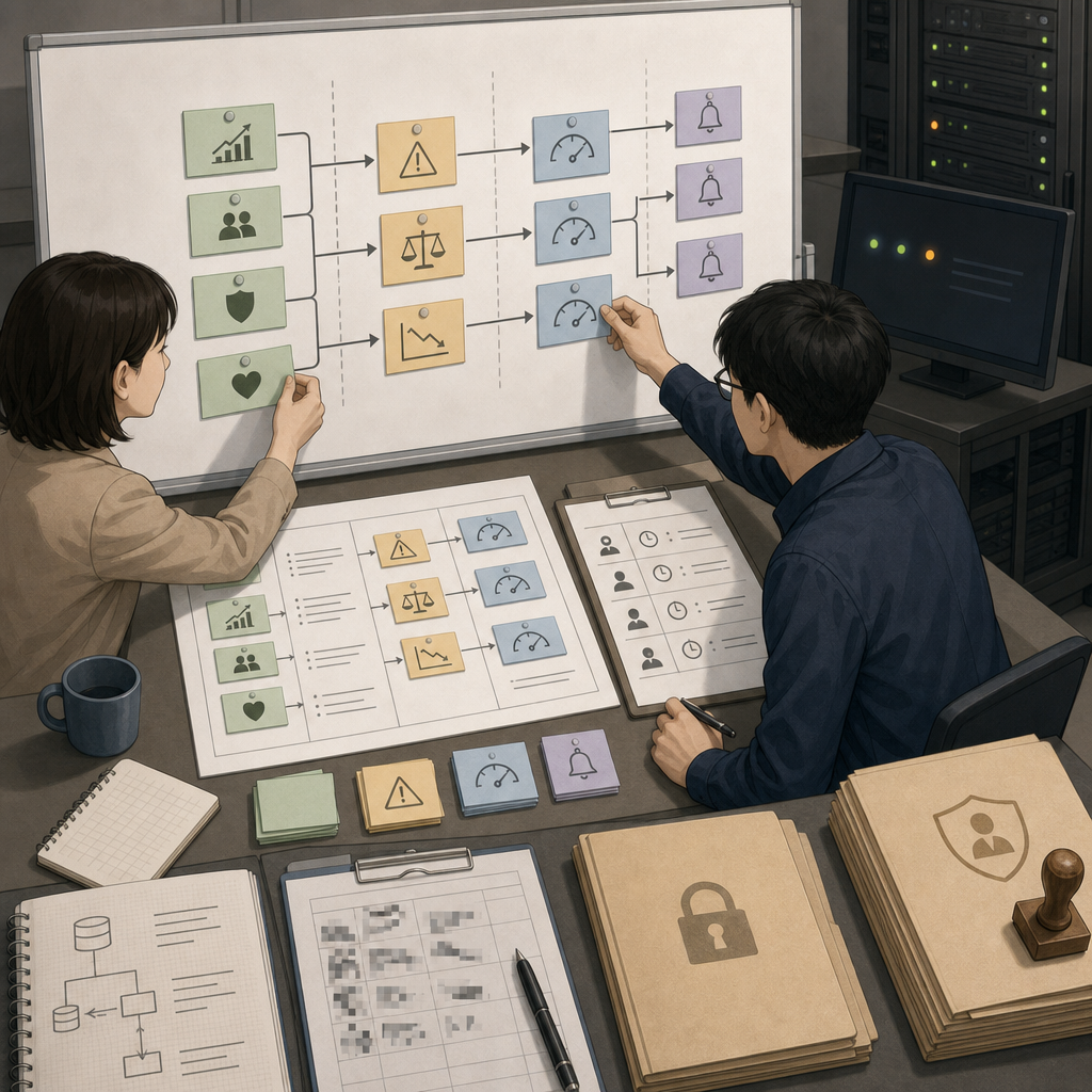 監視設計のフローをホワイトボードで整理するチーム