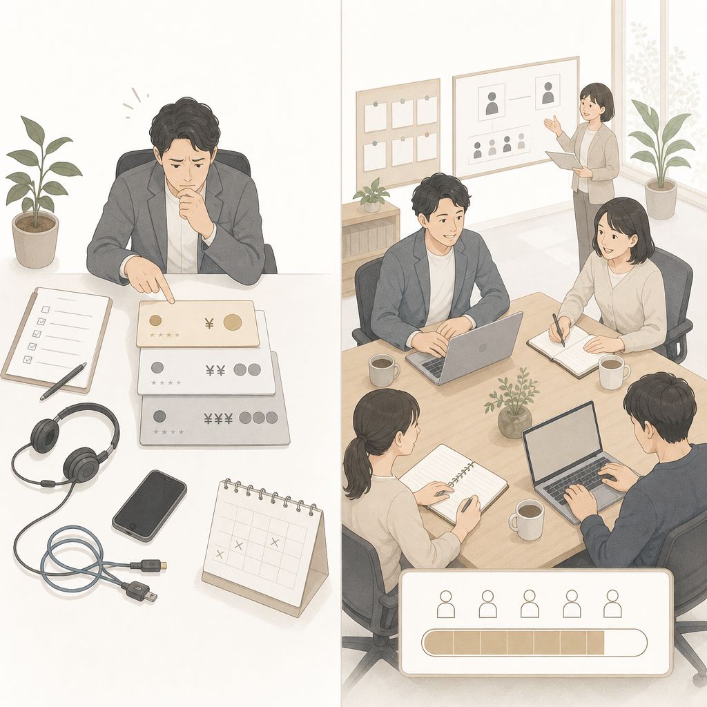 複数のバーチャルオフィスサービスを比較検討する場面
