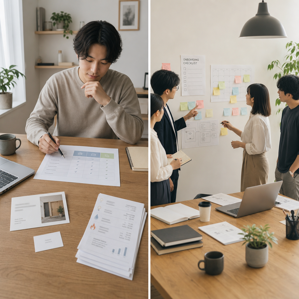 起業家と人事担当者が用途別にサービスを検討する様子