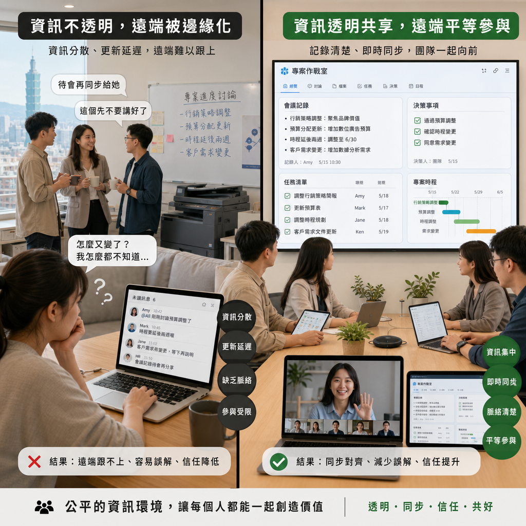 混合辦公團隊同時有辦公室與遠端成員開會
