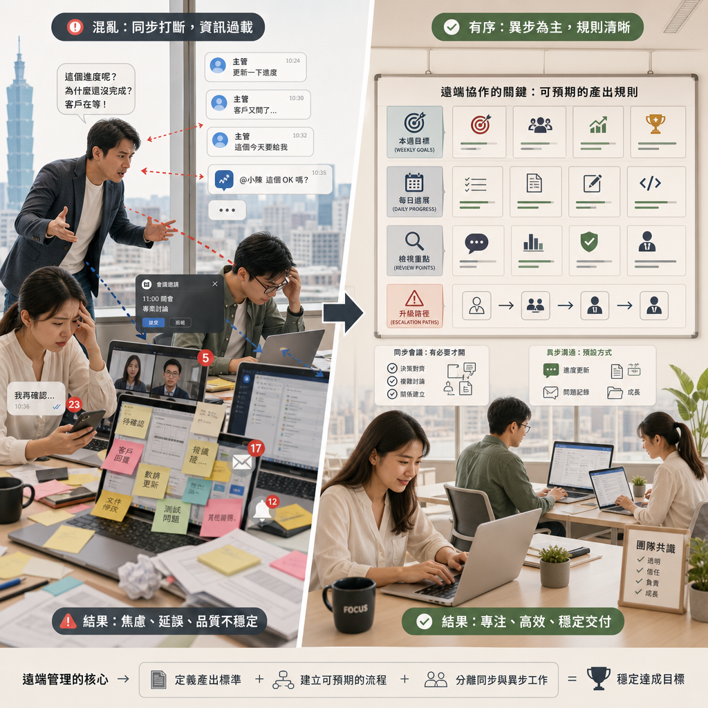 主管在線上看板與遠距團隊討論管理制度