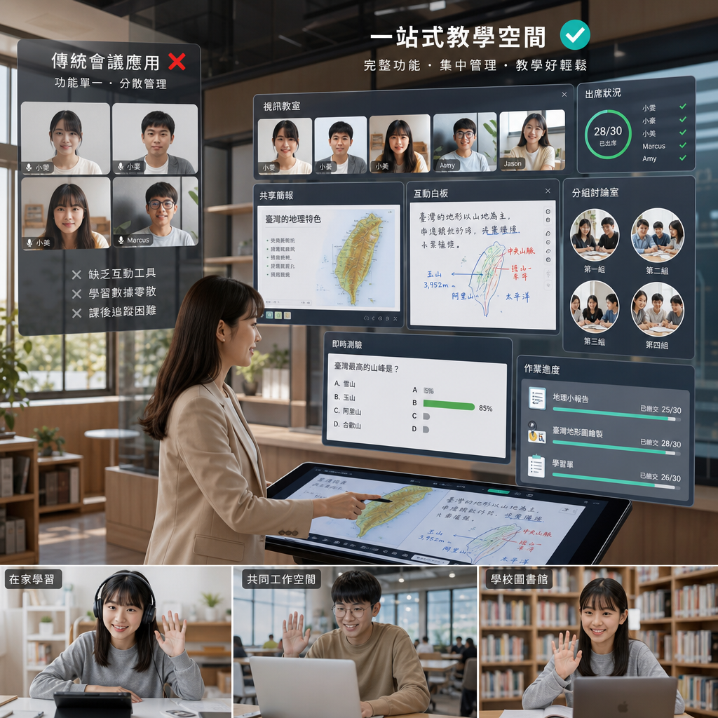 教師在虛擬教室中帶領學生進行即時互動與討論