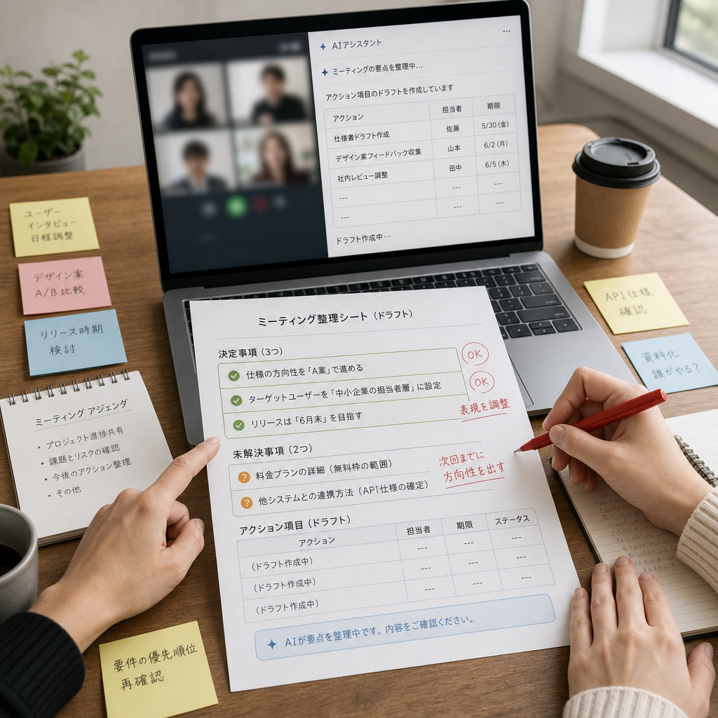 会議やメールや資料作成でAI支援を受けるオフィスワーカー