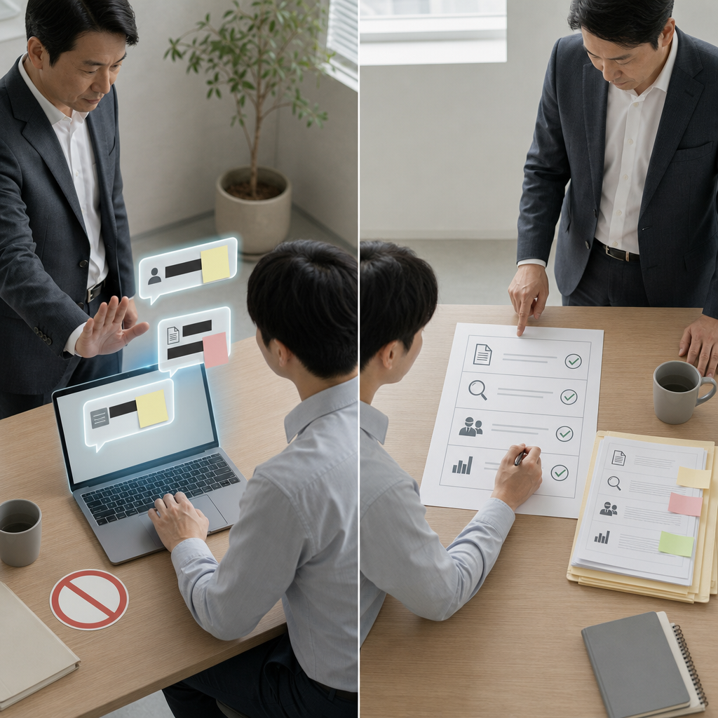 情報管理とAI利用ルールを確認する企業チーム